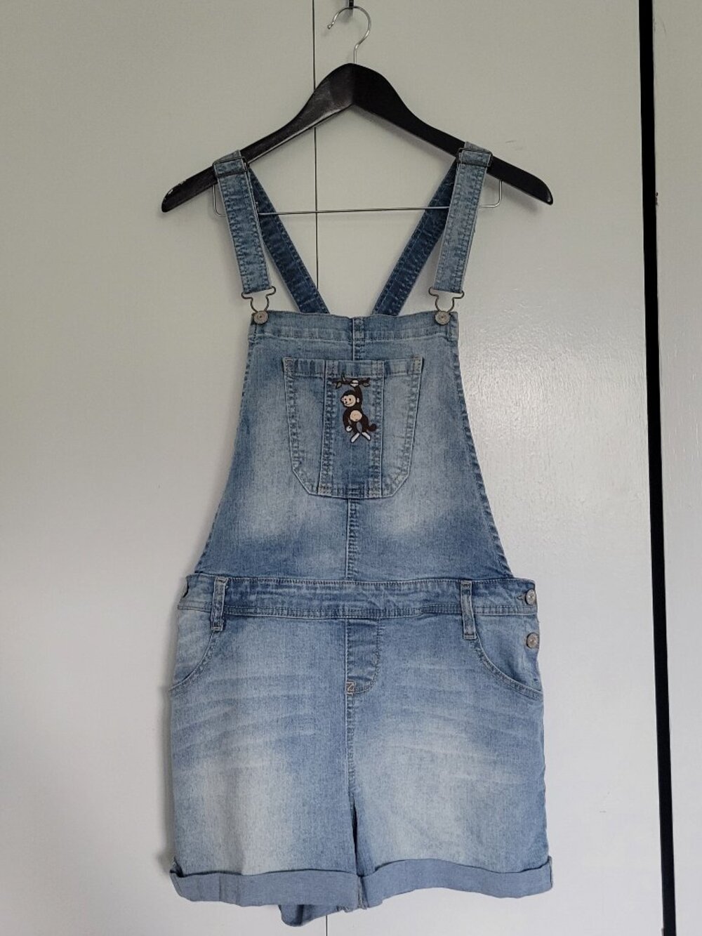 Wallflower - light denim romper overalls with cute monkey patch